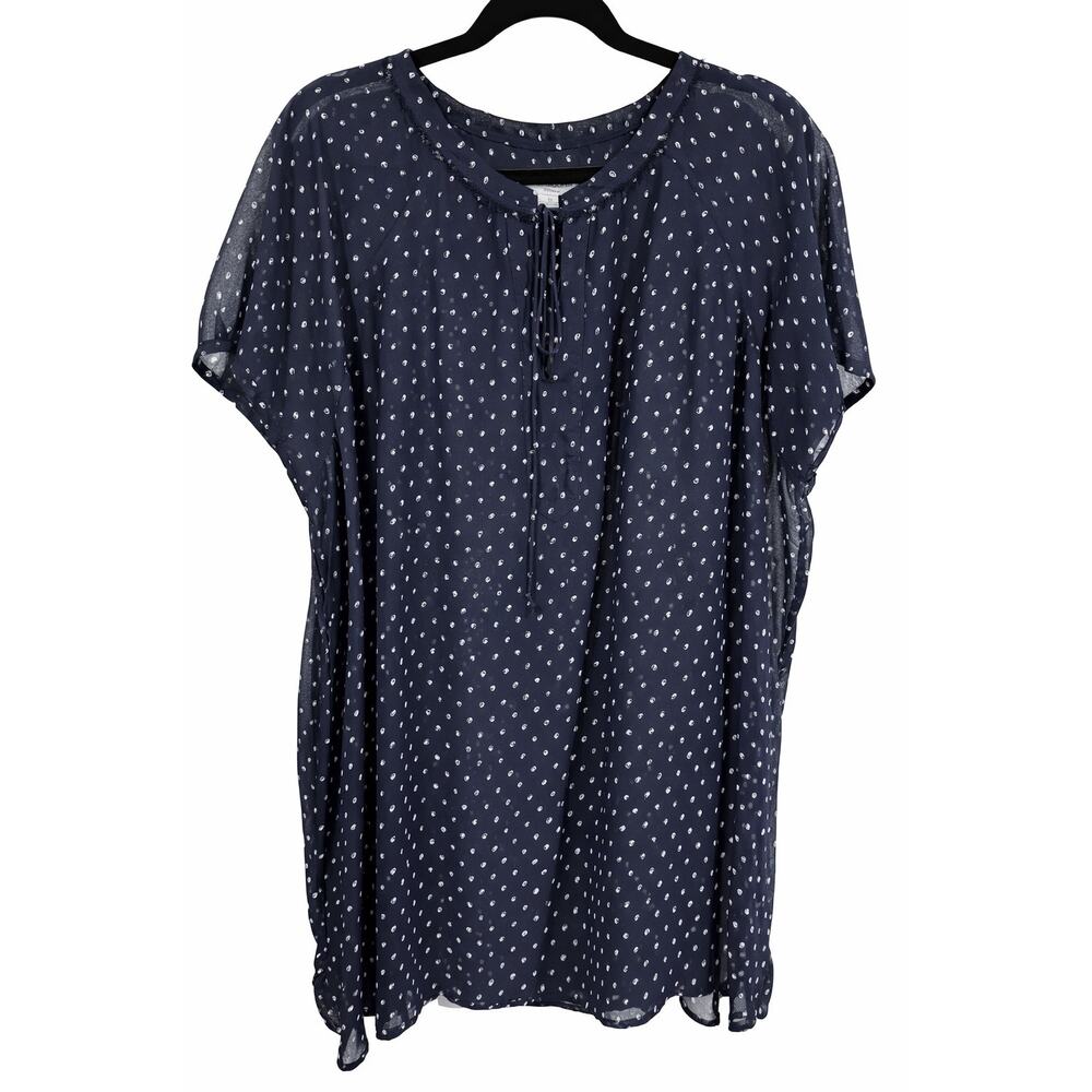 Liz Claiborne Woman 3X Navy Sheer Polka Dot Tie Neck Blouse Soft‎ Office
